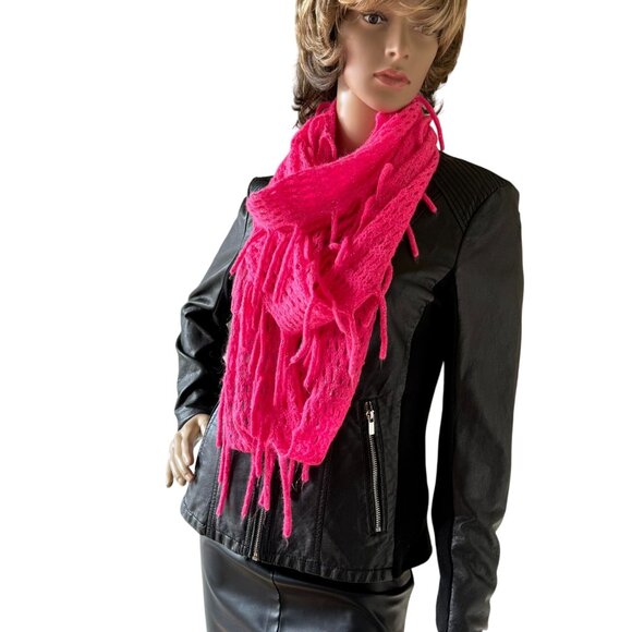 Hot Pink Infinity Scarf One Size Festival Knit Fringe Soft Metallic Thread - Picture 3 of 12